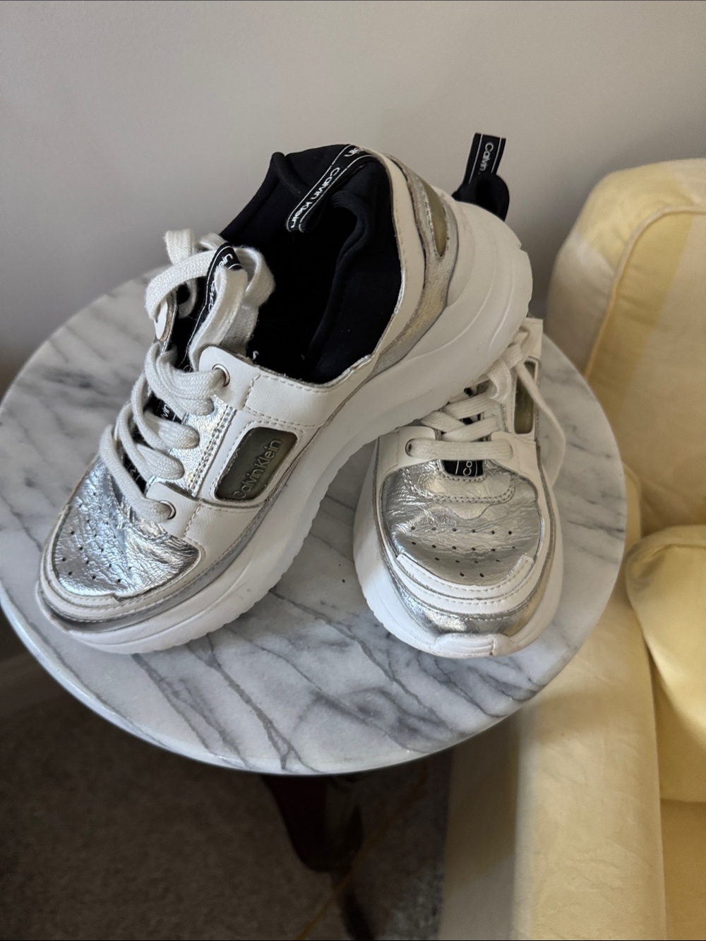 Calvin Klein women’s 5.5 White and Silver Chunky comfy Sneakers